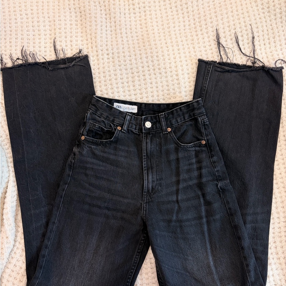 Zara Black Frayed wide leg jeans